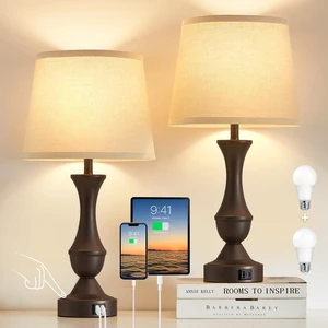 22" Table Lamp Set of 2 - Vintage Brown Bedside Lamp Beige Fabric Shade, Dimmable, USB C+A Ports, Nightstand Lamp for Living Room Bedroom (Bulb Included) 22" Table Lamp Set of 2 - Vintage Brown Bedside Lamp Beige Fabric Shade, Dimmable, USB C+A Ports, Nightstand Lamp for Living Room Bedroom (Bulb Included)