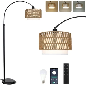Arc Floor Lamp with Remote, Modern LED Floor Lamp with Dimmable Bulb, Boho Farmhouse Standing lamp with Fabric & Rattan Lampshades, Height Adjustable Black Tall Lamp for Living Room Bedroom Arc Floor Lamp with Remote, Modern LED Floor Lamp with Dimmable Bulb, Boho Farmhouse Standing lamp with Fabric & Rattan Lampshades, Height Adjustable Black Tall Lamp for Living Room Bedroom