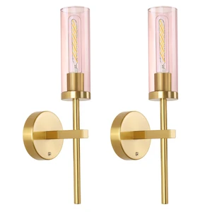 Battery Operated Wall Sconces Set of 2, Gold Rechargeable Wall Lighting Fixtures, Dimmable Wall Lights with Remote & Pink Glass Shade for Living Room, Bathroom,Bedroom Battery Operated Wall Sconces Set of 2, Gold Rechargeable Wall Lighting Fixtures, Dimmable Wall Lights with Remote & Pink Glass Shade for Living Room, Bathroom,Bedroom