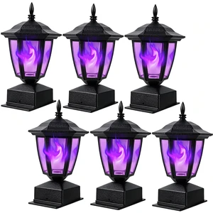 Solar Flame Post Cap Lights Outdoor, Halloween Flickering Purple Flame Post Lights, Solar Powered LED Lantern Waterproof for Garden Deck Fence Patio, Fit 4x4, 5x5 or 6x6 Wooden Posts, 6 Pack Solar Flame Post Cap Lights Outdoor, Halloween Flickering Purple Flame Post Lights, Solar Powered LED Lantern Waterproof for Garden Deck Fence Patio, Fit 4x4, 5x5 or 6x6 Wooden Posts, 6 Pack