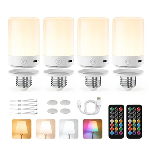 Upgraded 5200mAh E26 Rechargeable Light Bulbs with Remote Timer Battery operated light bulb with magnetic base for lamps and sconces; 3 color temperatures and 9 RGB colors, 4 Pack Upgraded 5200mAh E26 Rechargeable Light Bulbs with Remote Timer Battery operated light bulb with magnetic base for lamps and sconces; 3 color temperatures and 9 RGB colors, 4 Pack