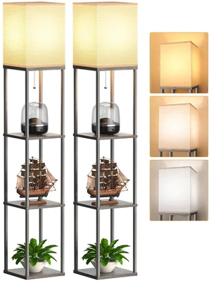 Floor Lamp with Shelves for Living Room 2 Pack Oak Gray, Shelf Floor Lamp with 3 CCT LED Bulb, Corner Display Standing Column Lamp Etagere Organizer Tower Nightstand with White Linen Shade for Bedroom Floor Lamp with Shelves for Living Room 2 Pack Oak Gray, Shelf Floor Lamp with 3 CCT LED Bulb, Corner Display Standing Column Lamp Etagere Organizer Tower Nightstand with White Linen Shade for Bedroom