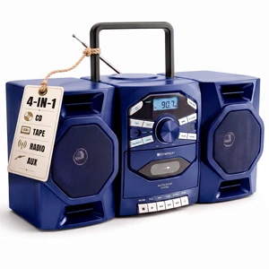 EPB-4000 Portable CD Cassette Boombox with AM/FM Radio - Blue With CD-R & CD-RW. Tape Recording. Detachable Speakers. X-BASS. AUX Input. Built-In Microphone. AC or Battery Power EPB-4000 Portable CD Cassette Boombox with AM/FM Radio - Blue With CD-R & CD-RW. Tape Recording. Detachable Speakers. X-BASS. AUX Input. Built-In Microphone. AC or Battery Power
