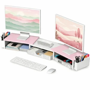 Desk Organizers and Accessories, Dual Monitor Stand Riser with Drawer and 2 Pen Holders, Desk Shelf Printer Stand for Office Workspace Organizers, Desktop Organization (Pink-White) Desk Organizers and Accessories, Dual Monitor Stand Riser with Drawer and 2 Pen Holders, Desk Shelf Printer Stand for Office Workspace Organizers, Desktop Organization (Pink-White)