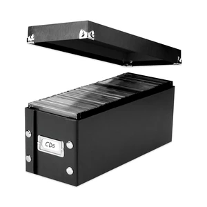 CD Storage Box, 1-Pack, Holds 165 Sleeved CDs per Box, Black Reinforced corners, chrome label holder, snap assembly, works well as a cd holder and cd organizer, folds flat CD Storage Box, 1-Pack, Holds 165 Sleeved CDs per Box, Black Reinforced corners, chrome label holder, snap assembly, works well as a cd holder and cd organizer, folds flat