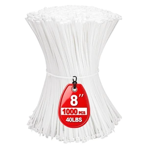 Zip Ties 8 inch, White Zip Ties 1000 Pack, Self-Locking Cable Ties with 40 Pounds Tensile Strength, Plastic Wire Ties for Indoor and Outdoor Use Zip Ties 8 inch, White Zip Ties 1000 Pack, Self-Locking Cable Ties with 40 Pounds Tensile Strength, Plastic Wire Ties for Indoor and Outdoor Use