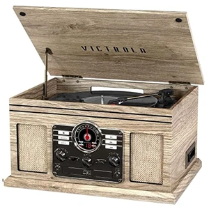 Quincy - 6-in-1 Bluetooth Record Player - Farmhouse Oatmeal Plays vinyl, CD, cassette and FM radio through built-in stereo speakers, Bluetooth and aux streaming, headphone jack Quincy - 6-in-1 Bluetooth Record Player - Farmhouse Oatmeal Plays vinyl, CD, cassette and FM radio through built-in stereo speakers, Bluetooth and aux streaming, headphone jack