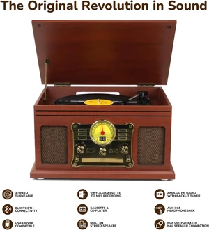 Bluetooth Record Player 10 in 1, 3-Speed Turntable for Vinyl with Speakers, LP to MP3 Converter, CD, Cassette Player, FM Radio, Wireless Streaming Mahogany Bluetooth Record Player 10 in 1, 3-Speed Turntable for Vinyl with Speakers, LP to MP3 Converter, CD, Cassette Player, FM Radio, Wireless Streaming Mahogany