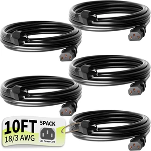 Universal 10ft 5 Pack Power Cord, 3-Prong Pure Copper ETL, Black 10 Amps 125 Volts NEMA 5-15P to C13 AC Cable for TV Monitor PC Printer PlayStation Samsung Dell HP Sony LG Apple Vizio Asus Universal 10ft 5 Pack Power Cord, 3-Prong Pure Copper ETL, Black 10 Amps 125 Volts NEMA 5-15P to C13 AC Cable for TV Monitor PC Printer PlayStation Samsung Dell HP Sony LG Apple Vizio Asus