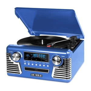 Haley - Retro Bluetooth Record Player with CD Player - Blue Plays vinyl, CD and AM/FM radio through built-in stereo speakers, 1950s retro design, Bluetooth and aux streaming Haley - Retro Bluetooth Record Player with CD Player - Blue Plays vinyl, CD and AM/FM radio through built-in stereo speakers, 1950s retro design, Bluetooth and aux streaming
