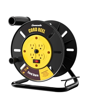 Extension Cord Storage Reel, Hand Wind Retractable Open Cord Reel 4-Grounded Outlets, Heavy Duty for 12/3, 14/3, 16/3 Gauge Power Cord, 15A Circuit Breaker, Rocker Power Switch, Yellow Extension Cord Storage Reel, Hand Wind Retractable Open Cord Reel 4-Grounded Outlets, Heavy Duty for 12/3, 14/3, 16/3 Gauge Power Cord, 15A Circuit Breaker, Rocker Power Switch, Yellow