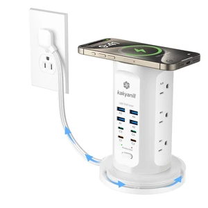Power Strip Tower, PD 65W Charging Station 9 AC Outlets 8 USB 6 Ft Retractable Extension Cord, 15W Wireless Charger, White Power Strip Tower, PD 65W Charging Station 9 AC Outlets 8 USB 6 Ft Retractable Extension Cord, 15W Wireless Charger, White