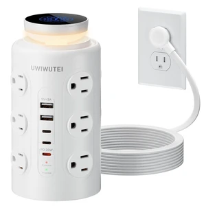6FT Tower Power Strip with Night Light & Dedicated 20W PD USBC Port 12 WidelySpaced AC Outlets & 5 USB Ports, Flat Plug, Extension Cord, Desk Charging Station for Home, Office & Dorm, White 6FT Tower Power Strip with Night Light & Dedicated 20W PD USBC Port 12 WidelySpaced AC Outlets & 5 USB Ports, Flat Plug, Extension Cord, Desk Charging Station for Home, Office & Dorm, White