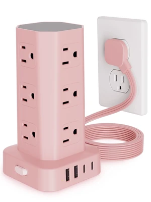 Power Strip Tower Surge Protector, 10FT Flat Plug Extension Cord with Multiple Outlets, 12 AC Outlets 4 USB (2 USB C), Desktop Charging Station with Surge Protection for Home Office Dorm Room, Pink Power Strip Tower Surge Protector, 10FT Flat Plug Extension Cord with Multiple Outlets, 12 AC Outlets 4 USB (2 USB C), Desktop Charging Station with Surge Protection for Home Office Dorm Room, Pink