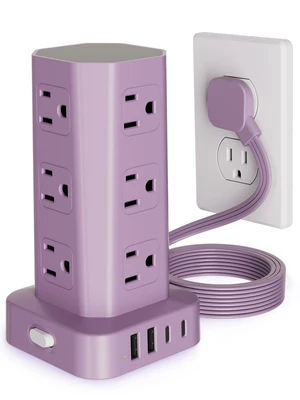 Power Strip Tower Surge Protector, 10FT Flat Plug Extension Cord with Multiple Outlets, 12 AC Outlets 4 USB (2 USB C), Desktop Charging Station with Surge Protection for Home Office Dorm Room, Purple Power Strip Tower Surge Protector, 10FT Flat Plug Extension Cord with Multiple Outlets, 12 AC Outlets 4 USB (2 USB C), Desktop Charging Station with Surge Protection for Home Office Dorm Room, Purple