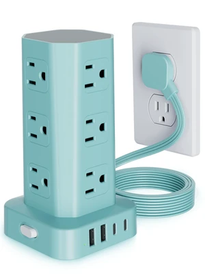 Power Strip Tower Surge Protector, 10FT Flat Plug Extension Cord with Multiple Outlets, 12 AC Outlets 4 USB (2 USB C), Desktop Charging Station with Surge Protection for Home Office Dorm Room, Blue Power Strip Tower Surge Protector, 10FT Flat Plug Extension Cord with Multiple Outlets, 12 AC Outlets 4 USB (2 USB C), Desktop Charging Station with Surge Protection for Home Office Dorm Room, Blue
