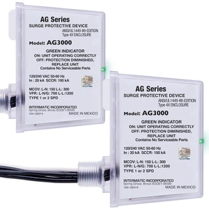 AG3000-AZ HVAC Surge Protective Device, 120/240 VAC, 2-Pack UL Listed with TPMOV Technology, a Type 4X Outdoor Enclosure, and Dual LED Indicators Showing Protection Status AG3000-AZ HVAC Surge Protective Device, 120/240 VAC, 2-Pack UL Listed with TPMOV Technology, a Type 4X Outdoor Enclosure, and Dual LED Indicators Showing Protection Status