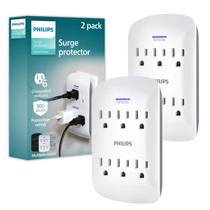 6-Outlet Extender Surge Protector, 2 Pack, Wall Tap, 900 Joules 3-Prong, Space Saving Design, Protection Indicator LED Light, ETL Listed, White, SPP3466WA/37 6-Outlet Extender Surge Protector, 2 Pack, Wall Tap, 900 Joules 3-Prong, Space Saving Design, Protection Indicator LED Light, ETL Listed, White, SPP3466WA/37
