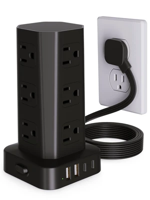Power Strip Tower Surge Protector, 10FT Flat Plug Extension Cord with Multiple Outlets, 12 AC Outlets 4 USB (2 USB C), Desktop Surge Protection Tower for Home Office Dorm Room, Black Power Strip Tower Surge Protector, 10FT Flat Plug Extension Cord with Multiple Outlets, 12 AC Outlets 4 USB (2 USB C), Desktop Surge Protection Tower for Home Office Dorm Room, Black