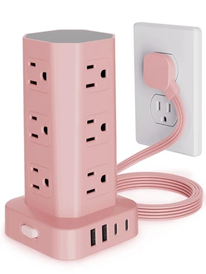 Power Strip Tower Surge Protector, 6FT Flat Plug Extension Cord with Multiple Outlets, 12 AC Outlets 4 USB (2 USB C), Desktop Charging Station with Surge Protection for Home Office Dorm Room, Pink Power Strip Tower Surge Protector, 6FT Flat Plug Extension Cord with Multiple Outlets, 12 AC Outlets 4 USB (2 USB C), Desktop Charging Station with Surge Protection for Home Office Dorm Room, Pink