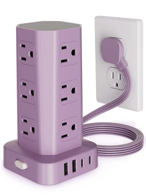 Power Strip Tower Surge Protector, 6FT Flat Plug Extension Cord with Multiple Outlets, 12 AC Outlets 4 USB (2 USB C), Desktop Charging Station with Surge Protection for Home Office Dorm Room, Purple Power Strip Tower Surge Protector, 6FT Flat Plug Extension Cord with Multiple Outlets, 12 AC Outlets 4 USB (2 USB C), Desktop Charging Station with Surge Protection for Home Office Dorm Room, Purple