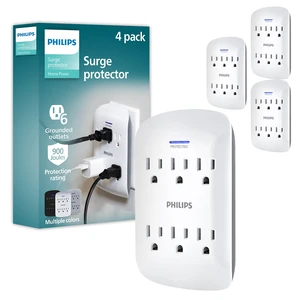 6-Outlet Extender Surge Protector, 4 Pack, Wall Tap; 900 Joules 3-Prong, Space Saving Design, Protection Indicator LED Light, ETL Listed, White, SPP3469WA/37 6-Outlet Extender Surge Protector, 4 Pack, Wall Tap; 900 Joules 3-Prong, Space Saving Design, Protection Indicator LED Light, ETL Listed, White, SPP3469WA/37