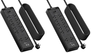 25 Ft Extension Cord Flat Plug, 12 Outlets(2 Widely Space) 3 USB with 2100J Power Strip, Overload Protection, 1875W/15A, Wall Mount for Home Office, Workbench or Garage,Black (Pack of 2) 25 Ft Extension Cord Flat Plug, 12 Outlets(2 Widely Space) 3 USB with 2100J Power Strip, Overload Protection, 1875W/15A, Wall Mount for Home Office, Workbench or Garage,Black (Pack of 2)