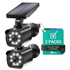 Solar Powered Fake Camera with Motion Sensor Floodlight, 2 Pack, Black Dummy Cameras for Outside, Wireless Simulated Cam, Realistic Look, Larger Solar Panel, Weatherproof, Warning Sticker Included Solar Powered Fake Camera with Motion Sensor Floodlight, 2 Pack, Black Dummy Cameras for Outside, Wireless Simulated Cam, Realistic Look, Larger Solar Panel, Weatherproof, Warning Sticker Included