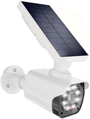 Solar Powered Fake Camera with Motion Sensor Floodlight, 1 Pack, White Dummy Cameras for Outside, Wireless Simulated Cam, Realistic Look, Larger Solar Panel, Weatherproof, Warning Sticker Included Solar Powered Fake Camera with Motion Sensor Floodlight, 1 Pack, White Dummy Cameras for Outside, Wireless Simulated Cam, Realistic Look, Larger Solar Panel, Weatherproof, Warning Sticker Included
