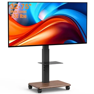 Heavy Duty Rolling TV Stand for 32-75 Inch TVs Holds up to 132 lbs Height Adjustable Mobile TV Floor Stand with Glass Shelf, Portable TV Cart with Locking Wheels, Max VESA 600x400mm, Black