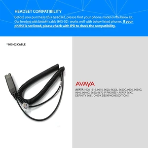 HIS-02 Headphone Cable Connector with QD Headset Adapter and RJ9 Cord Jack Plugs Intended for Desk Phone Avaya IP1608,1616, 9608G,9611G, 9610,9620, 9620L, 9620C,9630,9630G, 9640,9640G, 9650,9670