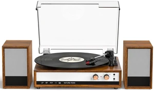 Vintage Turntable with Speakers, 3-Speed Bluetooth Vinyl Record Player with 2 External Speakers, Vinyl to PC Recording, RCA Output, AUX in, Headphone Jack, Walnut Vintage Turntable with Speakers, 3-Speed Bluetooth Vinyl Record Player with 2 External Speakers, Vinyl to PC Recording, RCA Output, AUX in, Headphone Jack, Walnut
