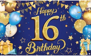 Blue and Gold 16th Happy Birthday Banner 72x44 Inch Backdrop Banner For 16th Birthday Decorations, Black And Gold Party Decoration