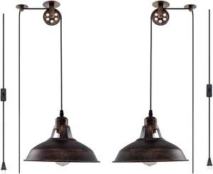 Plug in Pendant Light Industrial Pulley Pendant Lamp E26 Vintage Hanging Light Fixture With 16.4ft Cord On/Off Switch For Pool Table,Houseplant Grow lights,Kitchen Island,Sink 2 Pack Aged Bronze Plug in Pendant Light Industrial Pulley Pendant Lamp E26 Vintage Hanging Light Fixture With 16.4ft Cord On/Off Switch For Pool Table,Houseplant Grow lights,Kitchen Island,Sink 2 Pack Aged Bronze