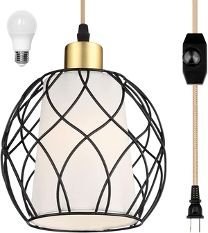 Cinkeda Plug in Pendant Light, Black Farmhouse Hanging Lights with Linen Shade, 15ft Golden Cotton Cord, Industrail Ceiling Lamp with Dimmable Switch, for Kitchen Island Living Room (Bulb Included) Cinkeda Plug in Pendant Light, Black Farmhouse Hanging Lights with Linen Shade, 15ft Golden Cotton Cord, Industrail Ceiling Lamp with Dimmable Switch, for Kitchen Island Living Room (Bulb Included)
