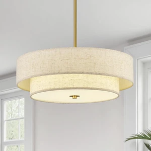 VONLUCE 18" Modern Drum Chandelier, 4-Light 2-Tier Linen Pendant Light VONLUCE 18" Modern Drum Chandelier, 4-Light 2-Tier Linen Pendant Light