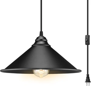 Black Plug in Pendant Light, Industrial Hanging Light with Plug in Cord Black Plug in Pendant Light, Industrial Hanging Light with Plug in Cord