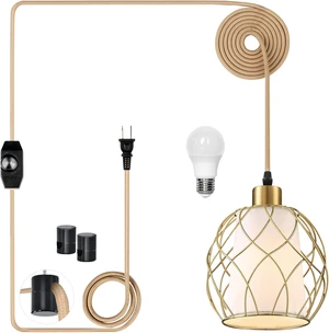 Ruzectt Plug in Pendant Light, Gold Hanging Lamp with Dimmable Switch, 15 ft Golden Cotton Cord, Hanging Light Fixture for Kitchen, Living Room, Bedroom (Bulb Included) Ruzectt Plug in Pendant Light, Gold Hanging Lamp with Dimmable Switch, 15 ft Golden Cotton Cord, Hanging Light Fixture for Kitchen, Living Room, Bedroom (Bulb Included)