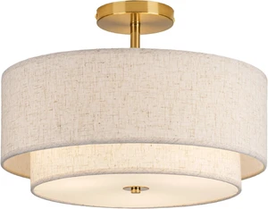 CALOKES 16" Double Drum Gold 3-Light Semi Flush Mount Ceiling Light, Classic Fabric Linen Shade Design for Living Room, Bedroom, Kitchen, Dining Room, Hallway and Entryway CALOKES 16" Double Drum Gold 3-Light Semi Flush Mount Ceiling Light, Classic Fabric Linen Shade Design for Living Room, Bedroom, Kitchen, Dining Room, Hallway and Entryway