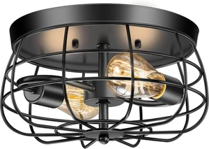 Lomoky 2-Light Farmhouse Ceiling Light Fixtures, Industrial Hallway Light, Vintage Black Metal Cage Ceiling Lamp for Living Room, Kitchen, Bedroom Lomoky 2-Light Farmhouse Ceiling Light Fixtures, Industrial Hallway Light, Vintage Black Metal Cage Ceiling Lamp for Living Room, Kitchen, Bedroom
