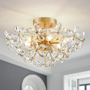 WUZUPS Crystal Chandelier Flushmount Ceiling Light Modern Lighting Fixture for Bedroom Hallway Bar Kitchen Bathroom, H 8.9" x W 17.7", Gold, E12 Base WUZUPS Crystal Chandelier Flushmount Ceiling Light Modern Lighting Fixture for Bedroom Hallway Bar Kitchen Bathroom, H 8.9" x W 17.7", Gold, E12 Base