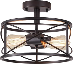 2-Light Semi Flush Mount Black Ceiling Light Fixture, Farmhouse Industrial Metal Cage with Adjustable Height, Dimmable for Hallway Entryway Kitchen Bedroom Foyer Laundry Low Ceiling 2-Light Semi Flush Mount Black Ceiling Light Fixture, Farmhouse Industrial Metal Cage with Adjustable Height, Dimmable for Hallway Entryway Kitchen Bedroom Foyer Laundry Low Ceiling