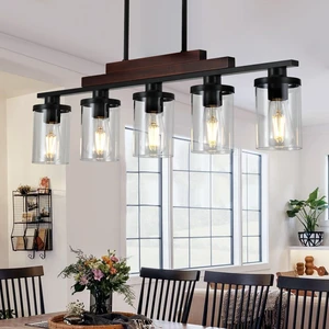 Dining Room Light Fixture/Chandelier Over Table,5-Light Kitchen Island Lighting Hanging for Farmhouse Linear Chandeliers Matte Black Rustic Wood Ceiling Pendant Light Fixtures with Clear Glass Shade Dining Room Light Fixture/Chandelier Over Table,5-Light Kitchen Island Lighting Hanging for Farmhouse Linear Chandeliers Matte Black Rustic Wood Ceiling Pendant Light Fixtures with Clear Glass Shade