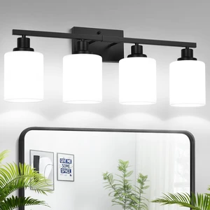 MOKATNG 4-Light Bathroom Light Fixtures, Vanity Light with Milky White Shades, Matte Black Bathroom Light Fixtures Over Mirror, Modern Bathroom Wall Lamp for Mirror Living Room Cabinet Bedroom MOKATNG 4-Light Bathroom Light Fixtures, Vanity Light with Milky White Shades, Matte Black Bathroom Light Fixtures Over Mirror, Modern Bathroom Wall Lamp for Mirror Living Room Cabinet Bedroom