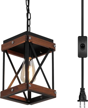 Fivess Lighting Rustic Farmhouse Plug in Pendant Light with 15ft Cord, On/Off Switch, Wood & Metal Cage Adjustable Chains Industrial Mini Hanging Fixture for Kitchen Island Sink Bar Farmhouse, Black Fivess Lighting Rustic Farmhouse Plug in Pendant Light with 15ft Cord, On/Off Switch, Wood & Metal Cage Adjustable Chains Industrial Mini Hanging Fixture for Kitchen Island Sink Bar Farmhouse, Black