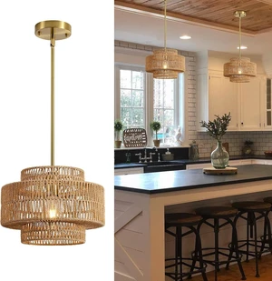 12.4" Rattan Pendant Light for Kitchen Island, Boho Chandelier 12.4" Rattan Pendant Light for Kitchen Island, Boho Chandelier