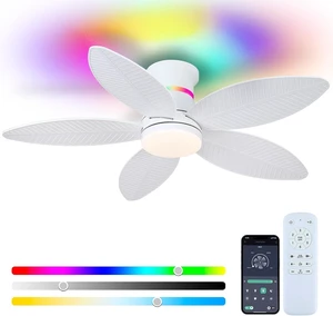 Tropical Palm Leaf RGB Ceiling Fans with Lights 46, White Flush Mount Ceiling Fan with Light and Remote, 3CCT Dimmable LED&&Side RGB Light, Reversible 6 Speeds, Quite Low Profile Ceiling Fan Party Tropical Palm Leaf RGB Ceiling Fans with Lights 46, White Flush Mount Ceiling Fan with Light and Remote, 3CCT Dimmable LED&&Side RGB Light, Reversible 6 Speeds, Quite Low Profile Ceiling Fan Party