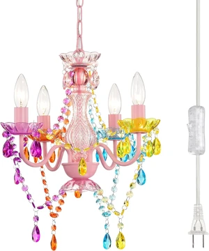 Alighting Plug in Chandeliers, 4-Light Multicolor Small Acrylic Crystal Hanging Ceiling Lamp with 20ft Cord, No Hardwire, Multicolor Chandeliers for Dining Room, Girls' Bedroom, Nursery or Kitchen Alighting Plug in Chandeliers, 4-Light Multicolor Small Acrylic Crystal Hanging Ceiling Lamp with 20ft Cord, No Hardwire, Multicolor Chandeliers for Dining Room, Girls' Bedroom, Nursery or Kitchen