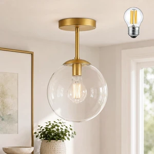 KoKo&Yukina Mid Century Modern Globe Semi Flush Mount Ceiling Light Fixture Clear Glass with Gold Brass Finish Globe Ceiling Light for Aisle Porch Stairway Closet Kitchen Laundry Room(Bulb Incl.) KoKo&Yukina Mid Century Modern Globe Semi Flush Mount Ceiling Light Fixture Clear Glass with Gold Brass Finish Globe Ceiling Light for Aisle Porch Stairway Closet Kitchen Laundry Room(Bulb Incl.)