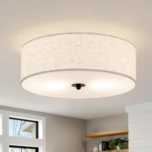 CALOKES Flush Mount Ceiling Light Fixture, 13" Close to Ceiling Light with Beige Fabric Linen Drum Shade, 2-Light Modern Round Ceiling Light for Bedroom Hallway Dining Kitchen CALOKES Flush Mount Ceiling Light Fixture, 13" Close to Ceiling Light with Beige Fabric Linen Drum Shade, 2-Light Modern Round Ceiling Light for Bedroom Hallway Dining Kitchen